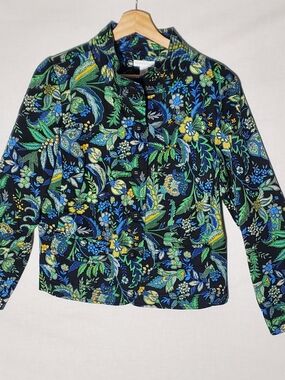 Charter Club Black Jacket Blue Green Floral Print Large Buttons Pockets Womens M